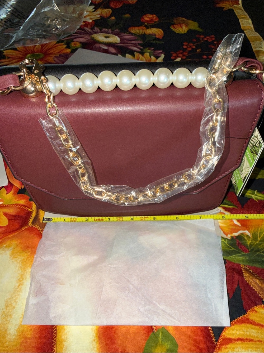 Badgley Mischka Wine Pearl-Handle Shoulder Bag with Gold Chain